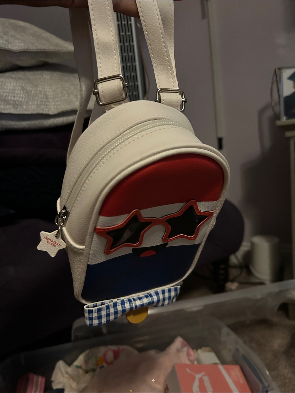 Bath & Body Works White Mini Backpack with Red and Blue Accents